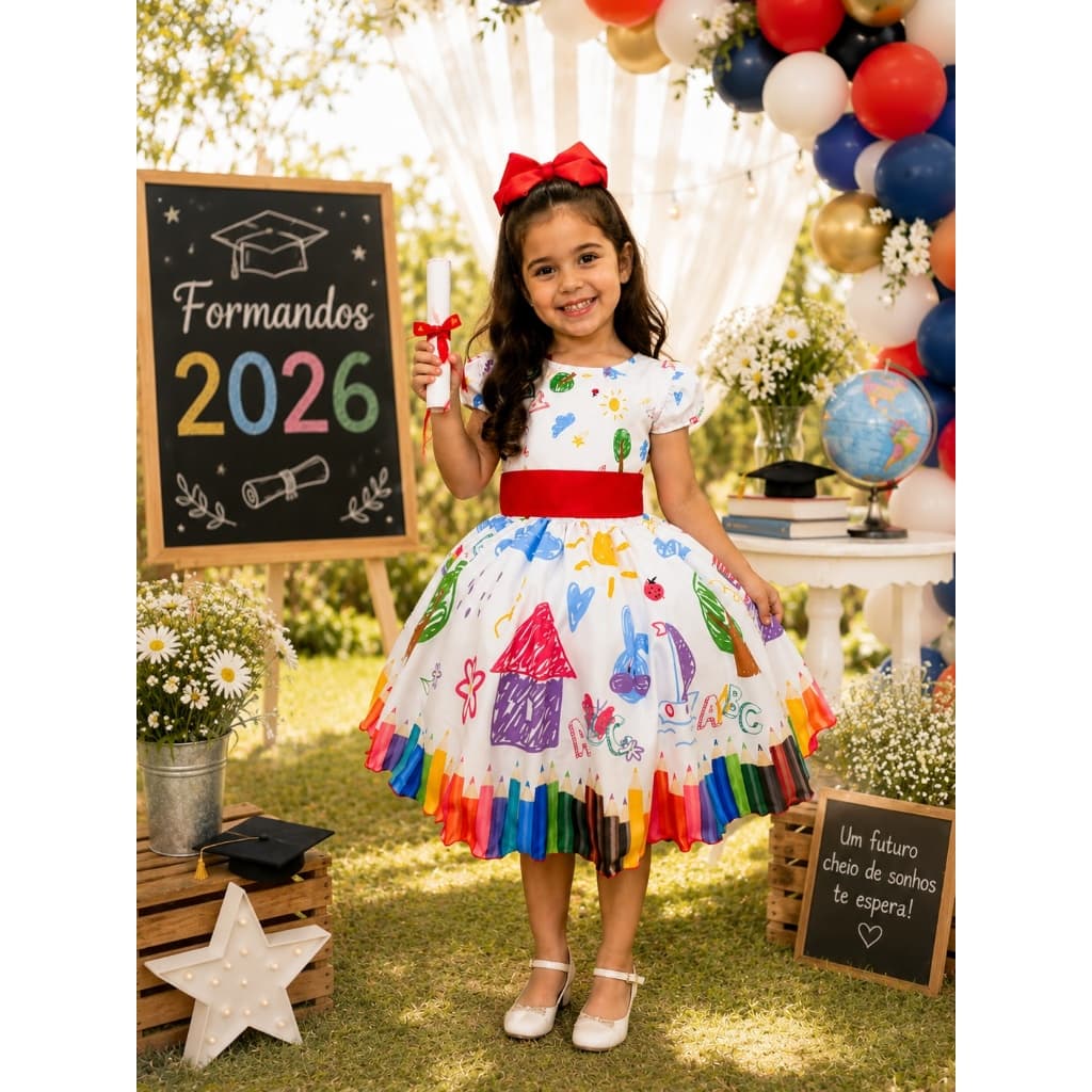 Vestido Formatura Infantil Aquarela Lápis de Cor ABC Escola Menina Branco de 3 a 12 anos