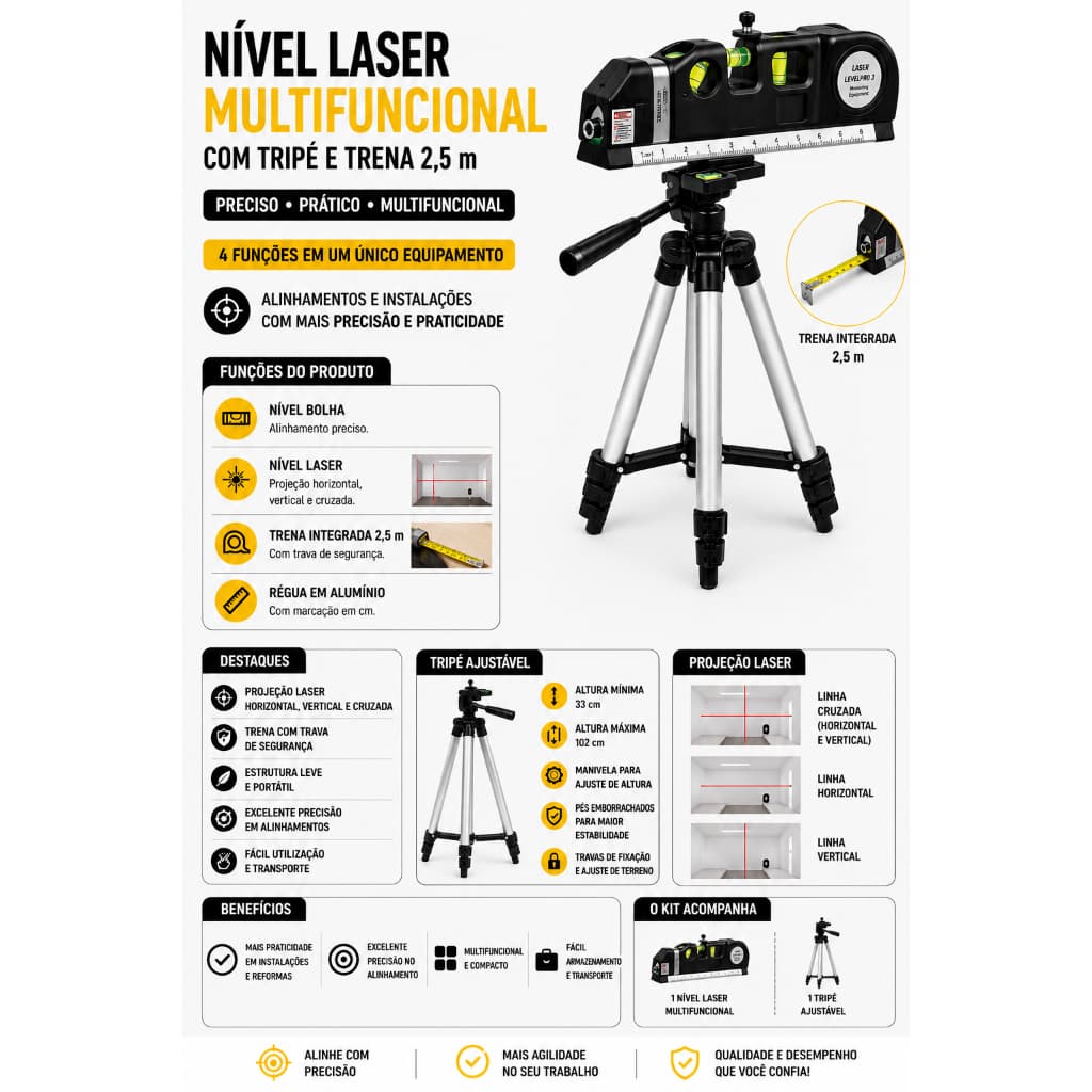 Nível Laser Trena Profissional Régua Bolha Vertical Horizontal Trena 2,5m Com Tripé