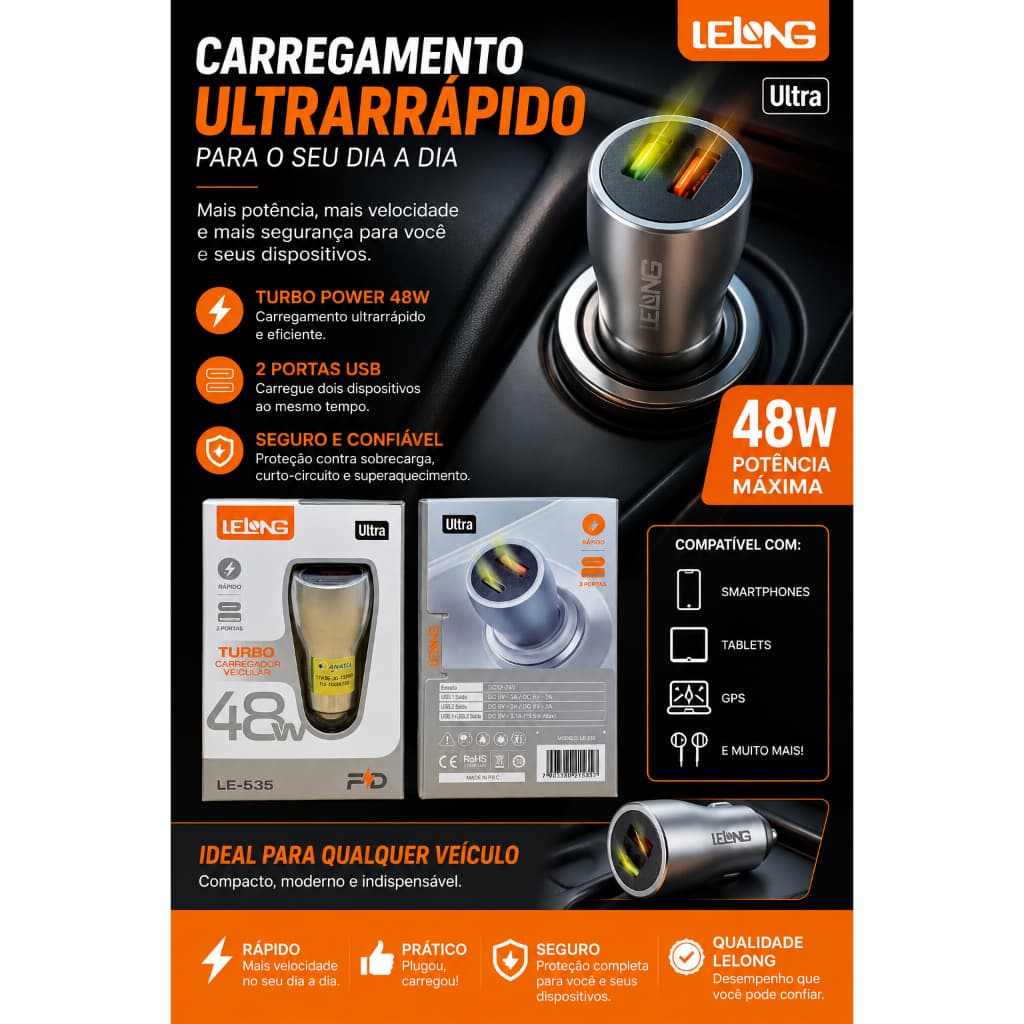 Carregador Veicular Turbo 48W USB e USB-C Ultra Rápido (LeLong)