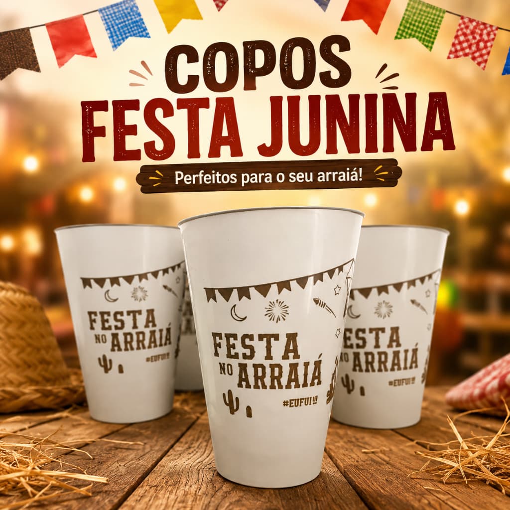Kit 10 Copos Festa Junina 400ml Festa no Arraiá Plástico Temático Reutilizável