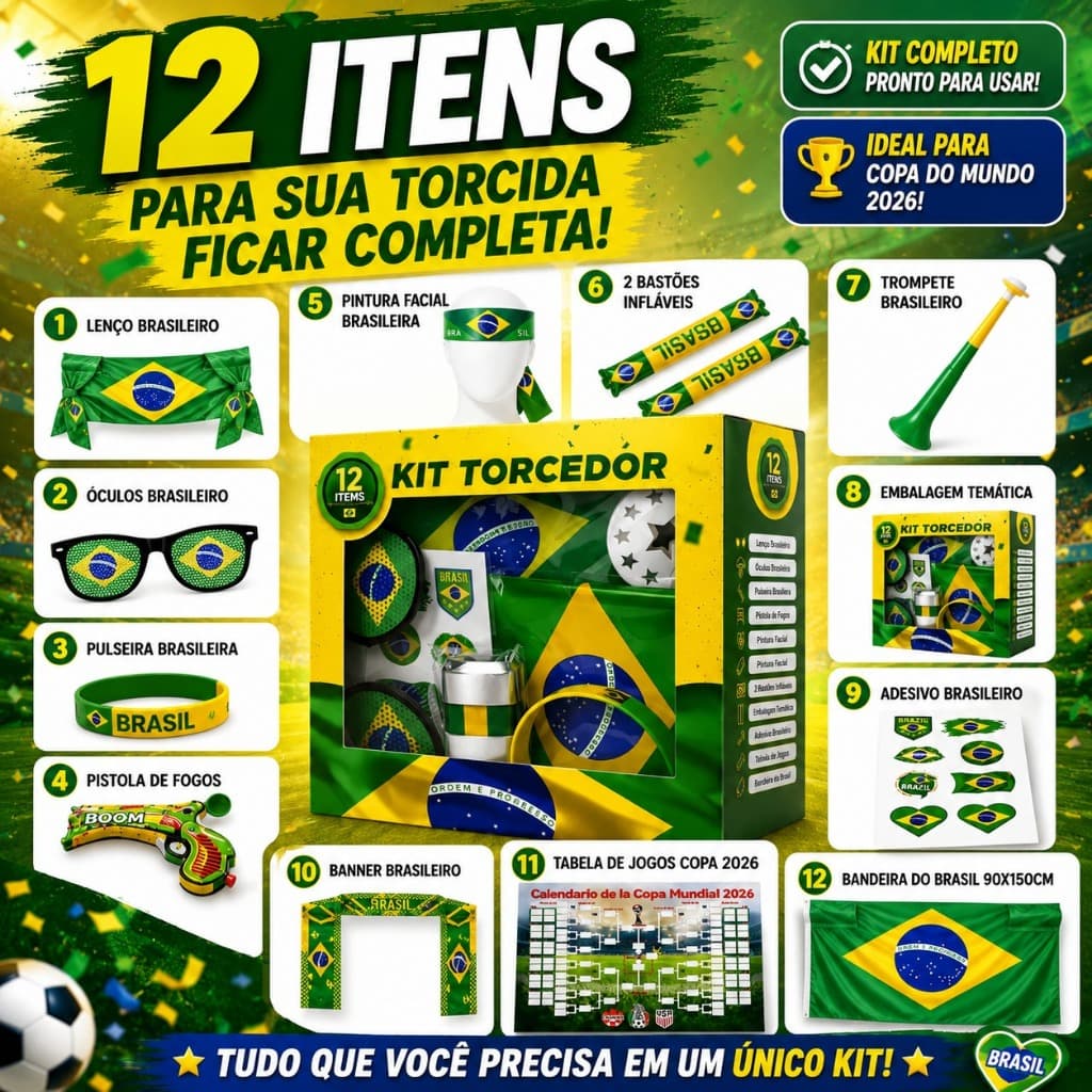 Conjunto Torcedor Brasil Copa 2026 Kit Completo 12 Itens