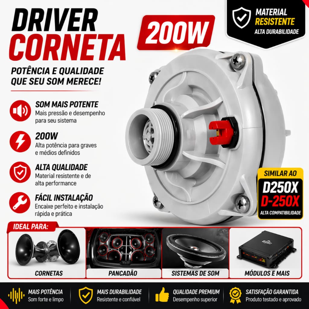 Driver Corneta D250X 200W 8 Ohms Som Automotivo Profissional Corneta Trio Alta Potência Caixa de som trio novo promoçao