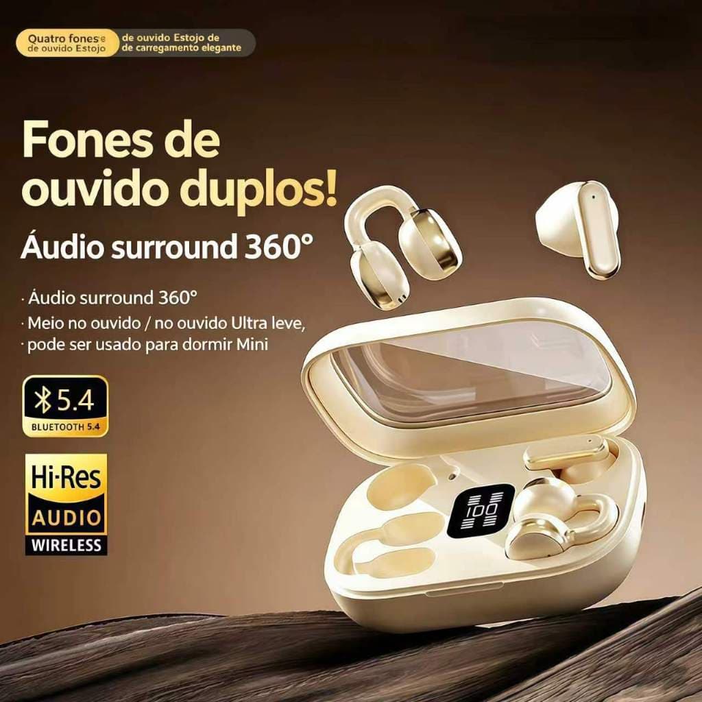 Kit 2 em1 Fones de Ouvido Bluetooth Duplos, Dois Chips ENC,Confortável para Dormir e Esportes, Autonomia de 30 Horas B3