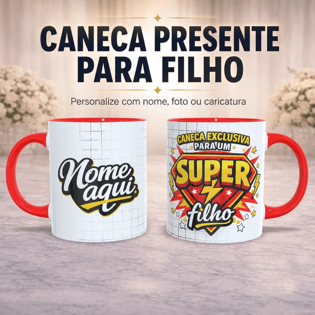 Caneca Personalizada Super Filho | Presente Criativo para Filho | Com nome, foto, caricatura
