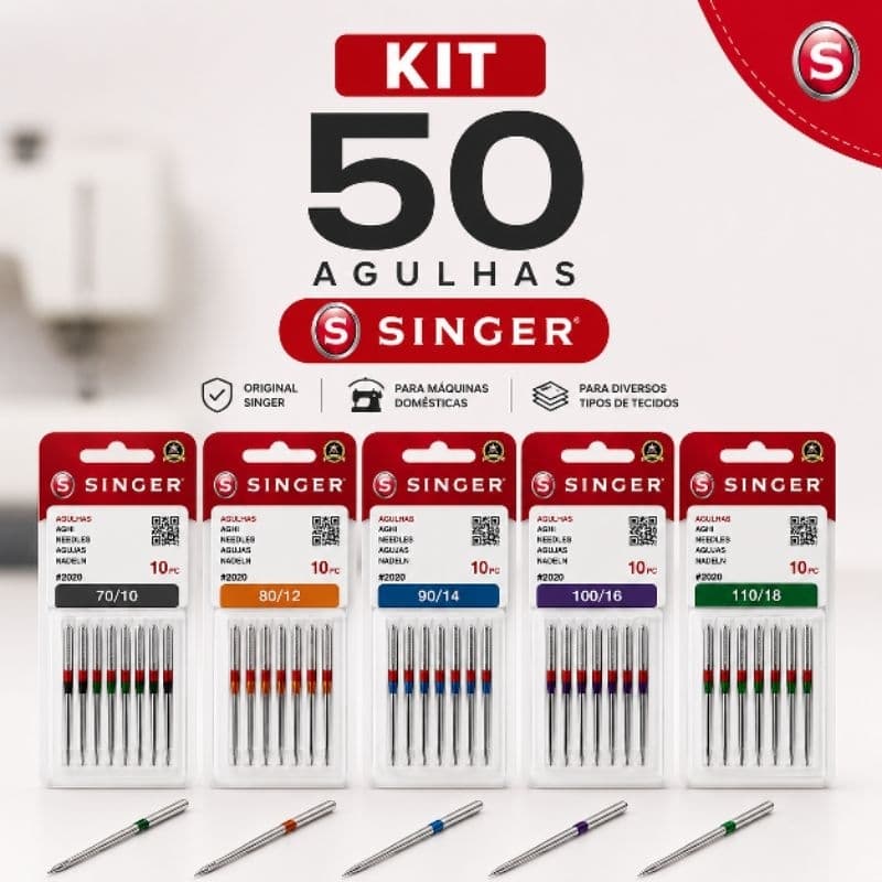 Kit 50 Agulhas Singer Para Máquina Doméstica #2020  Nº 70/10 80/12 90/14 100/16 110/18 Original