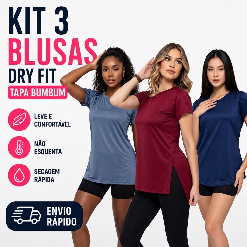 Kit 3 Blusas Feminina Dry Fit Academia Furadinha Tapa Bumbum Fitness