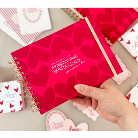 Album de Fotos Scrapbook Espiral Capa Dura Vermelho Coração Presente Dia dos Namorados