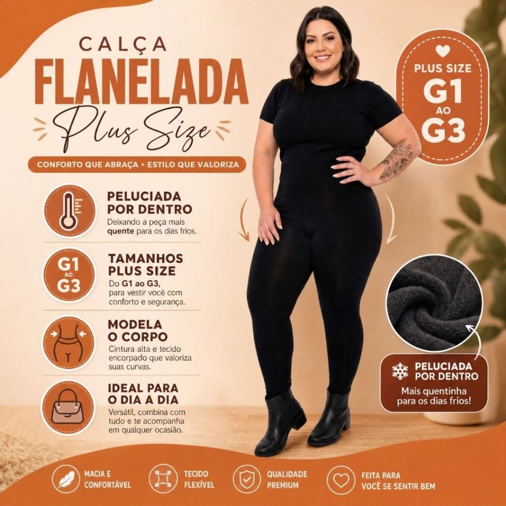 Calça Flanelada Plus Size Cintura Alta Peluciada