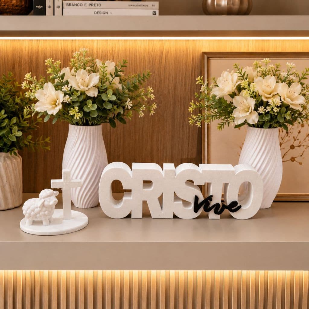 Decoração Cristã Cristo Vive + Cruz e Ovelha | Enfeite Religioso Moderno Letreiro jesus Vaso Branco