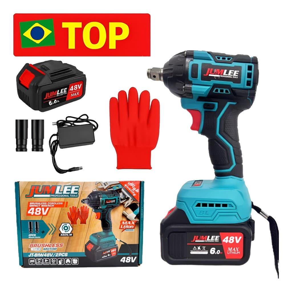 Chave de Impacto Elétrica a Bateria 48V JUMLEE 580Nm - Sem Fio, Motor Sem Escovas, Ideal para Troca de Pneus e Reparos