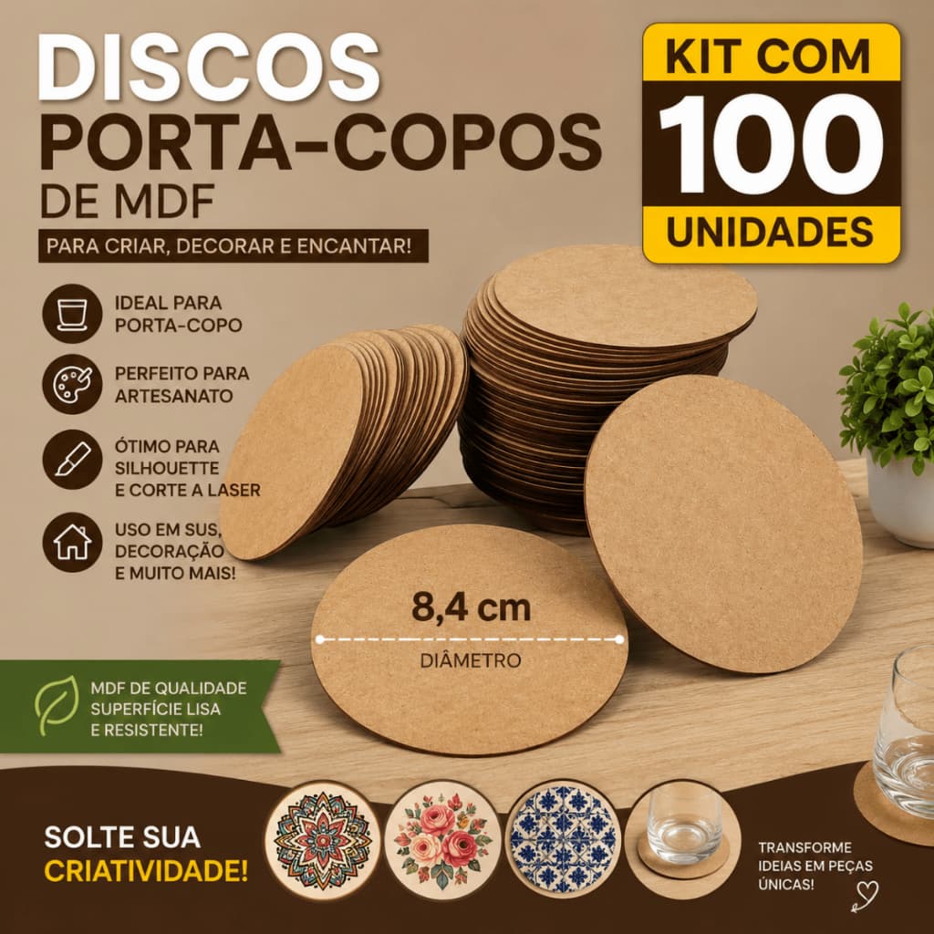 Kit 100 Disco de Mdf Bolacha Porta Copo De Madeira Artesanato 8,4 cm