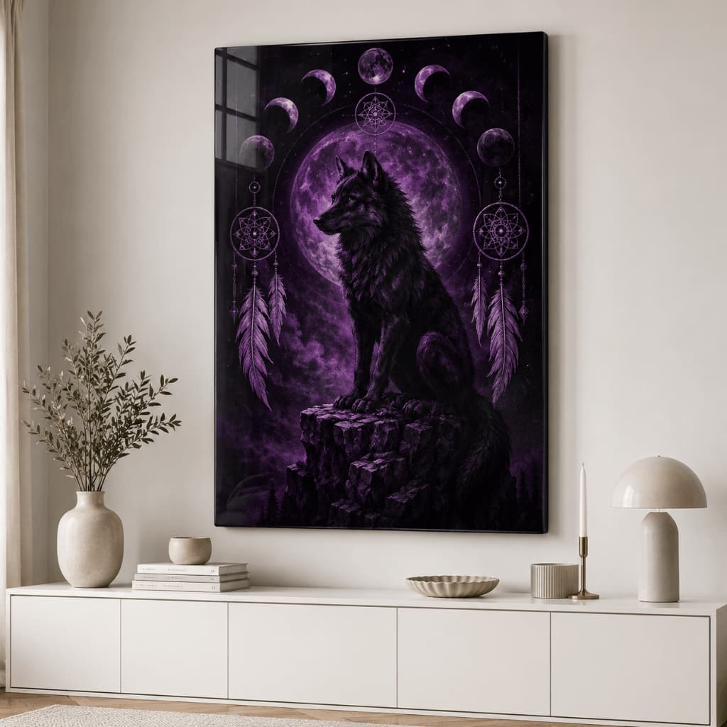Quadro Decorativo Lobo Místico Roxo com Lua Fases e Apanhador dos Sonhos MDF