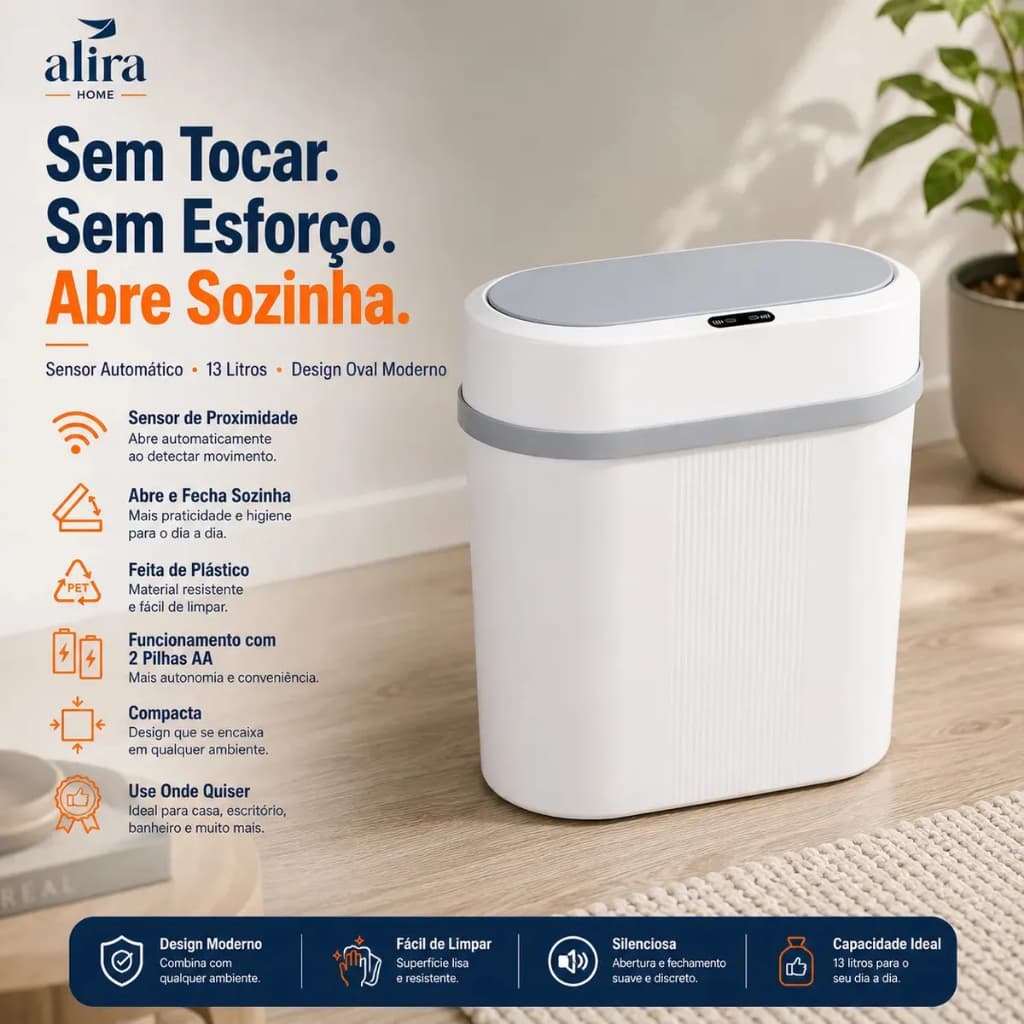 Lixeira Inteligente Oval 13 Litros com Sensor Automático – Alira Home