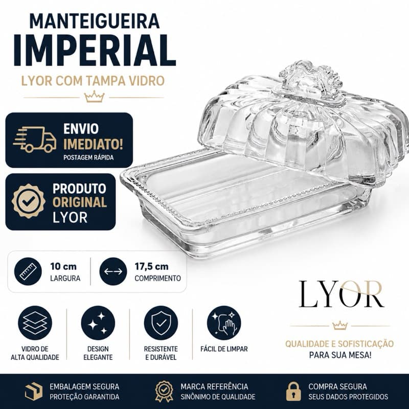 Manteigueira Lyor 10cm x 17,5cm Grande Porta Manteiga com Tampa LYOR Imperial Vidro Cristal