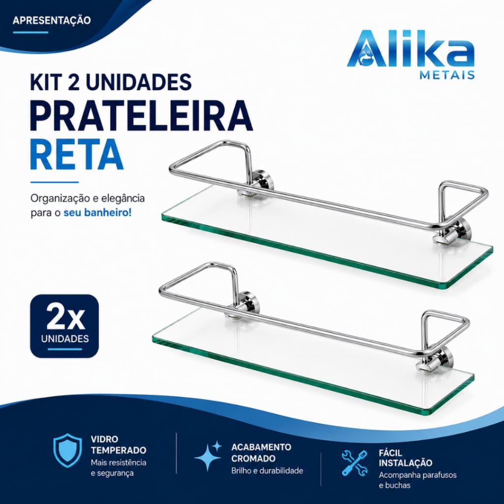 Kit 2 Prateleiras Porta Shampoo Reto de Vidro Temperado com Haste Cromada para Banheiro