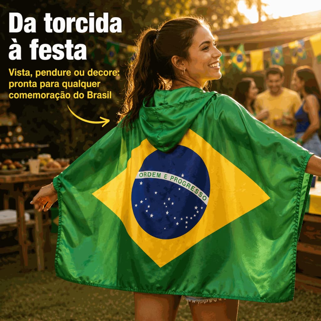 Poncho Body Flag Brasil com Capuz Bandeira Verde Amarela Torcida Copa 2026 Seleção Brasileira Festa Jogo Unissex