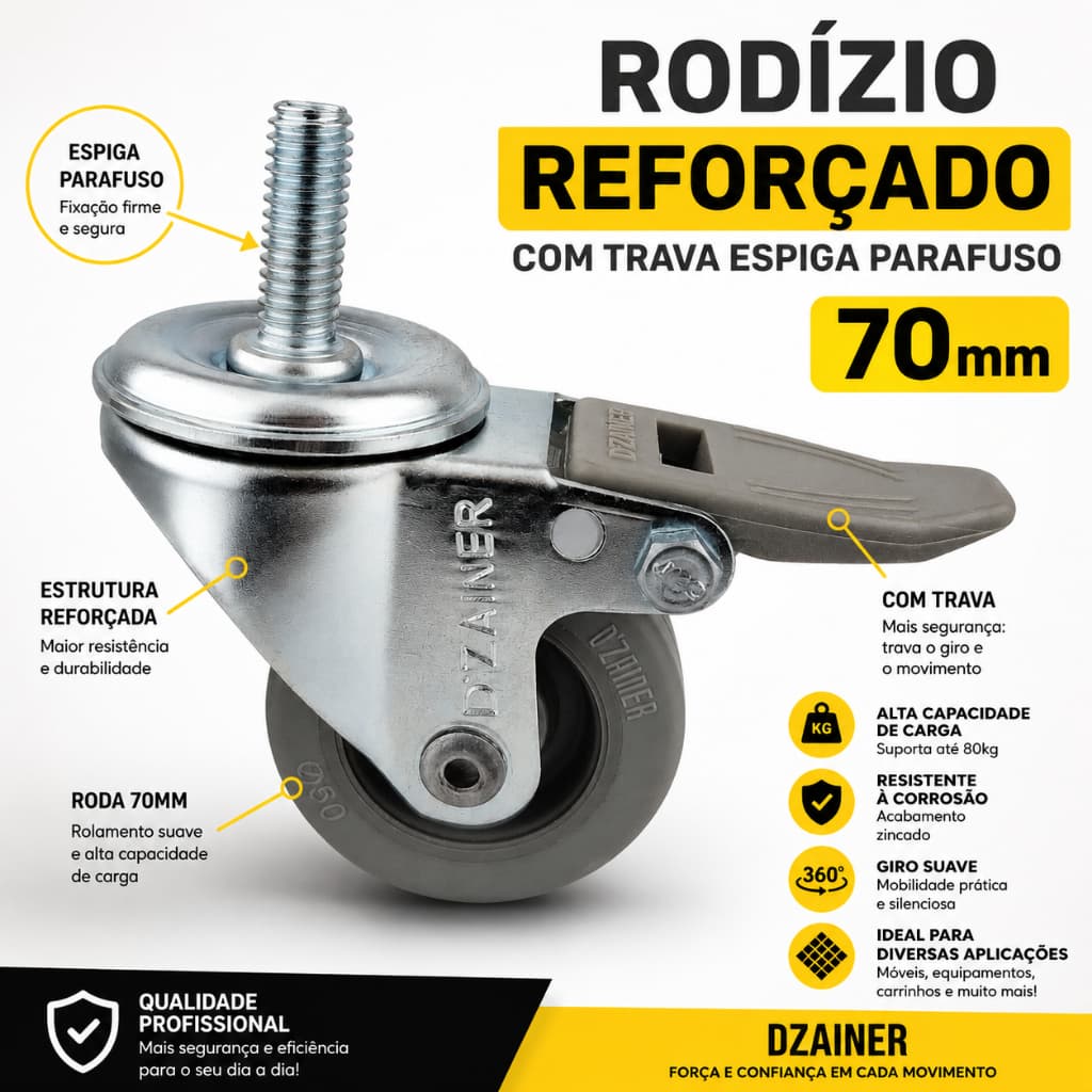 Rodizio Reforçado Com Trava Espiga Parafuso 50mm Giratório Para Moveis - Maquinas e Equipamentos