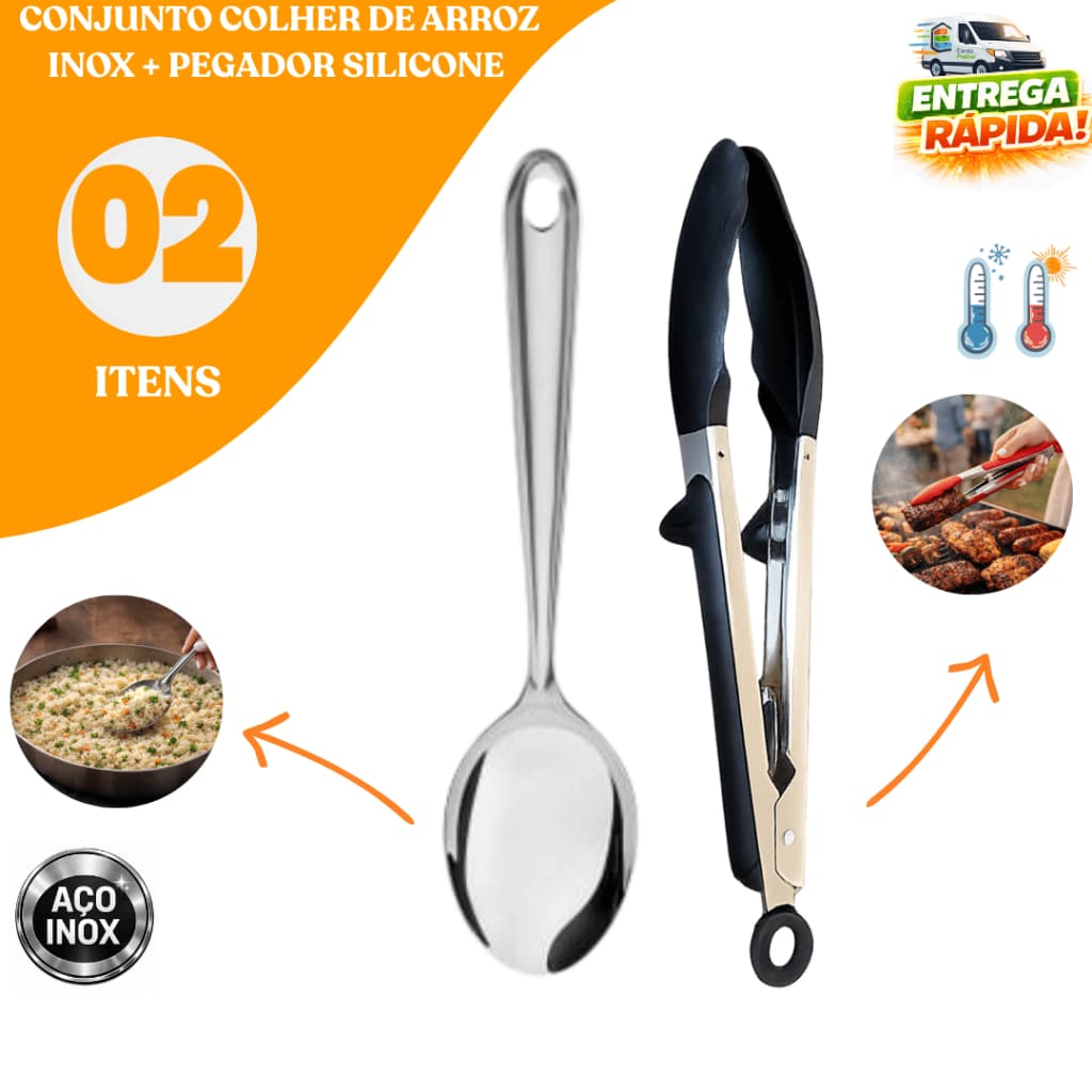 Conjunto Colher de Arroz Inox + Pegador Silicone Com Apoio e Trava Cozinha Churrasco Resistente