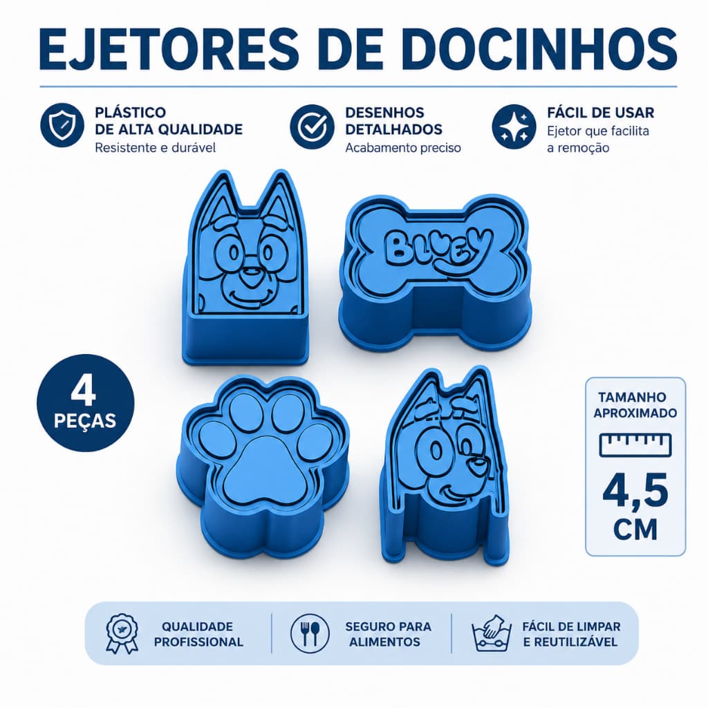 Kit 4 Ejetores de Docinhos Bluey e Bingo Desenho Formas Moldes Modelagem Profissional