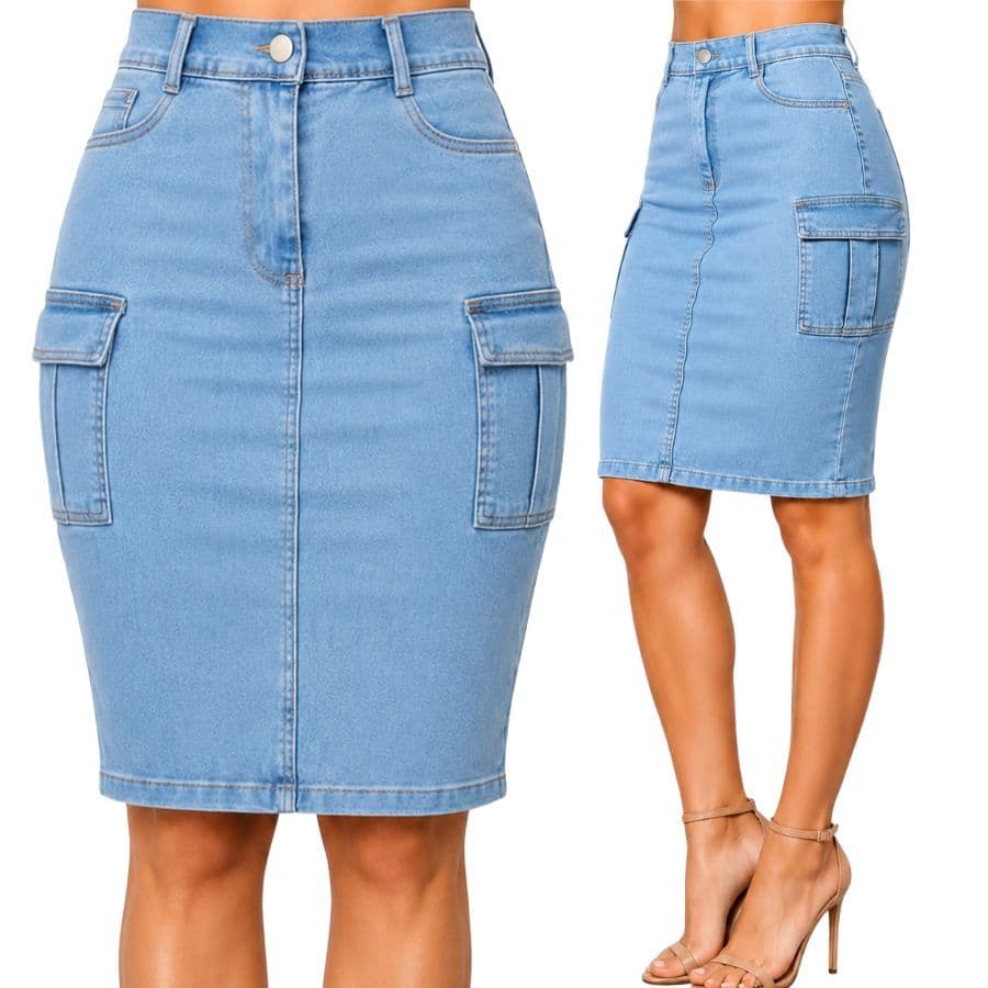 Saia Cargo Jeans Feminina  Mídi Cintura Alta  Bolso Cargo Lateral