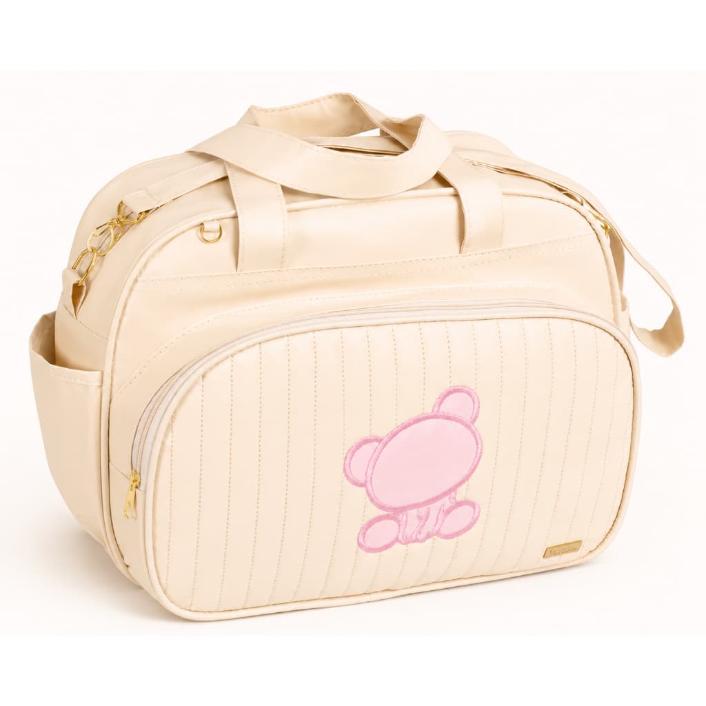 Bolsa Maternidade Grande Bege c/ Urso Bordado Rosa