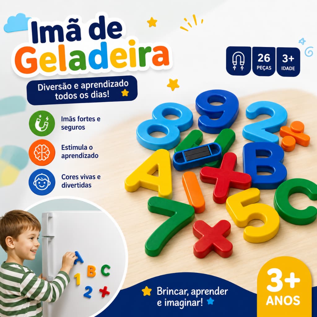 Brinquedo Pedagógico Letras Alfabeto e Números Magnético Educativo de A a Z