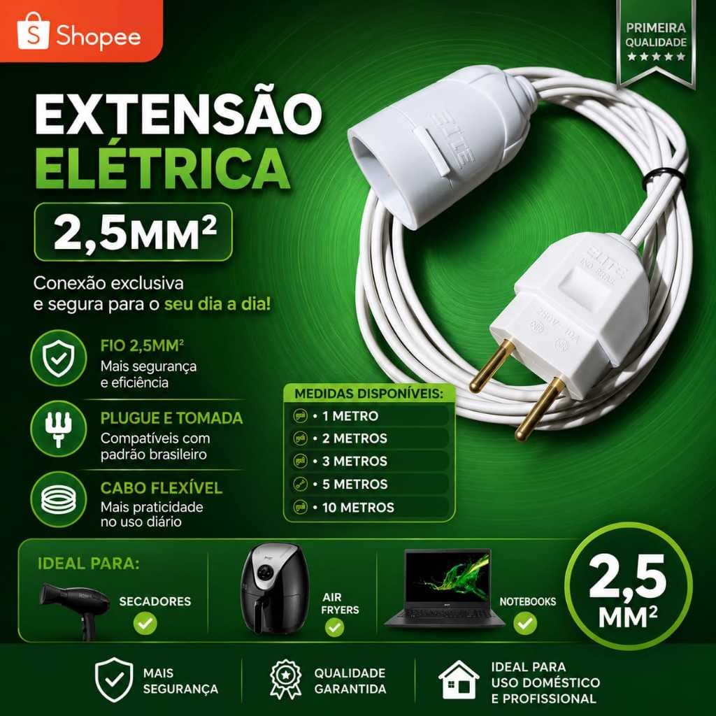 Extensão Elétrica Cabo Fio 2x2,5mm - 0.5m,1m,1.5m,2m,3m,5m.10 Metros Prolongador Paralelo Bipolar