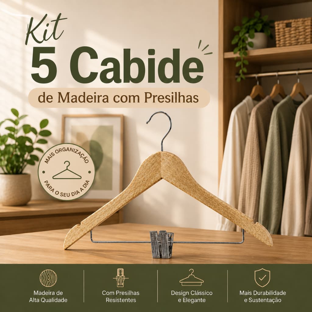 Kit 5 Cabide De Madeira Adulto 45cm Premium Com Presilha E Cava Resistente