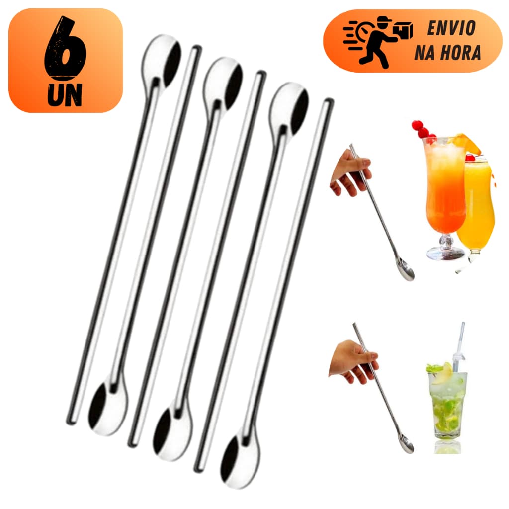CONJUNTO COLHERES DE SUCO BAILARINA 30CM AÇO INOX LONGA PROFISSIONAL PARA BARES BARMAN DRINKS