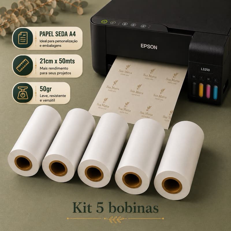 KIT 5 Bobinas Papel Seda 50g  A4  210mm x 50mts para Impressoras de Pequeno Formato