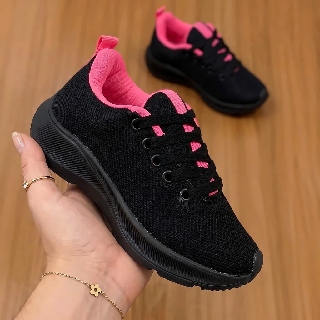 Tênis Infantil Menina Preto com Detalhes Rosa Escolar