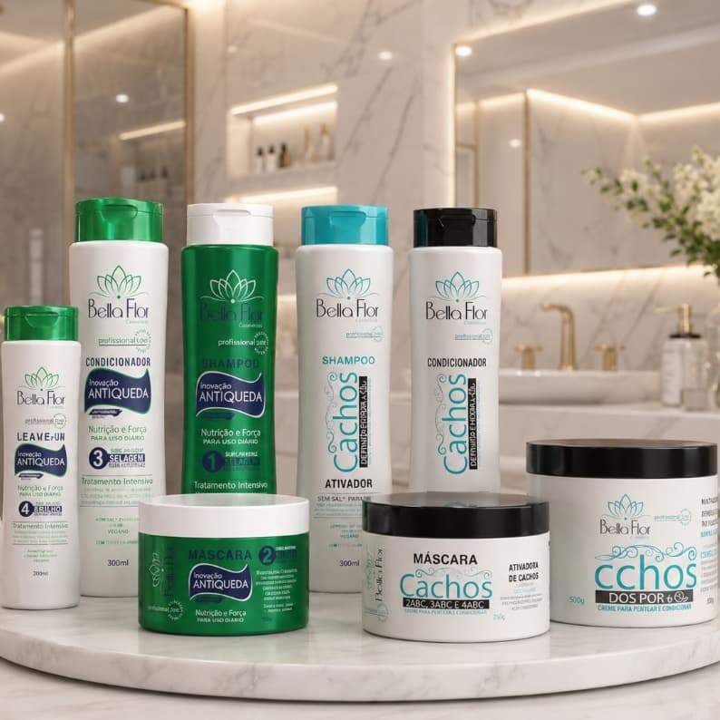 2 Kits Capilares Anti-Queda e Cachos com 8 Produtos Bella Flor Definição Anti-Frizz Tratamento Capilar