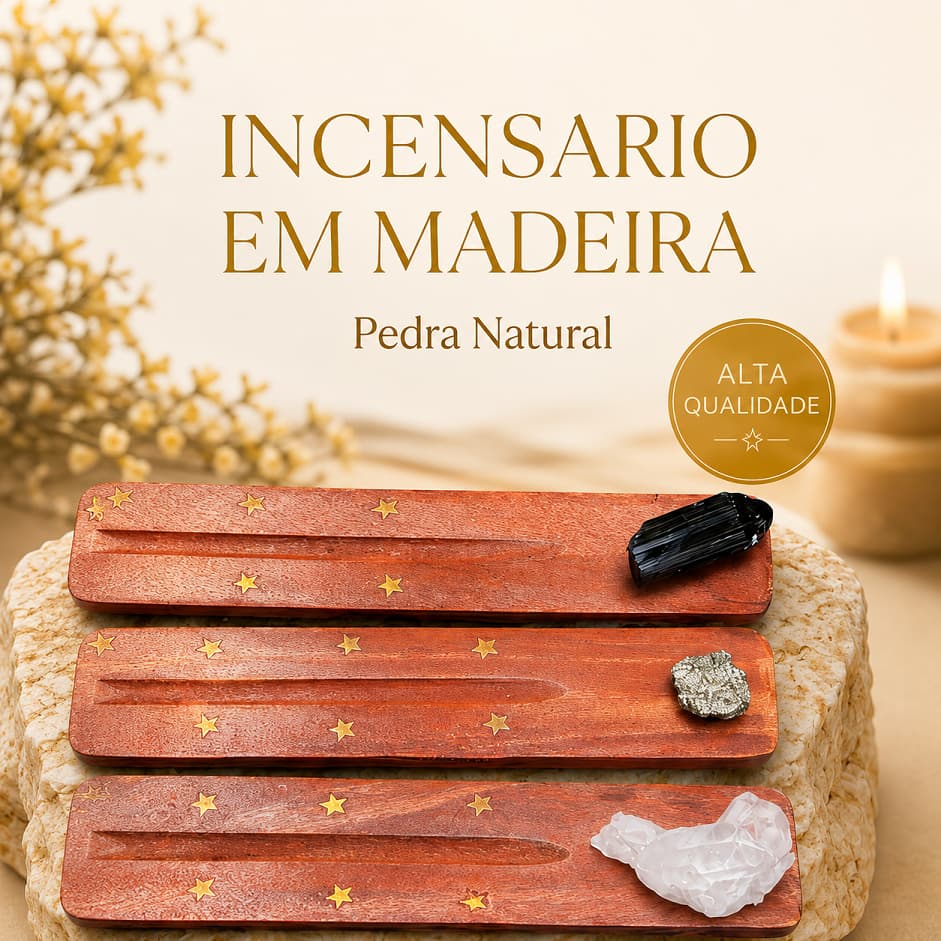 Incensário Madeira Com Pedra Natural Porta Incenso Queimador Cristal Turmalina Pirita