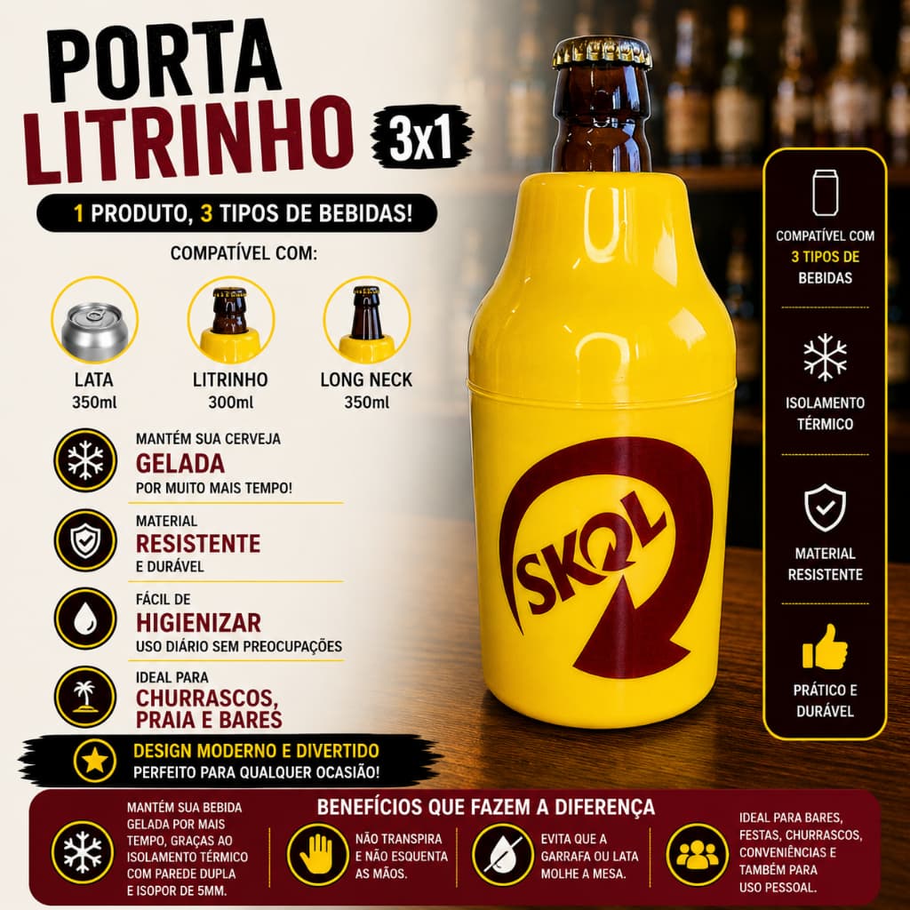 Porta Lata Litrinho 300ml Suporte Cerveja Lata 350ml  Long Neck Skol Pilsen Térmico