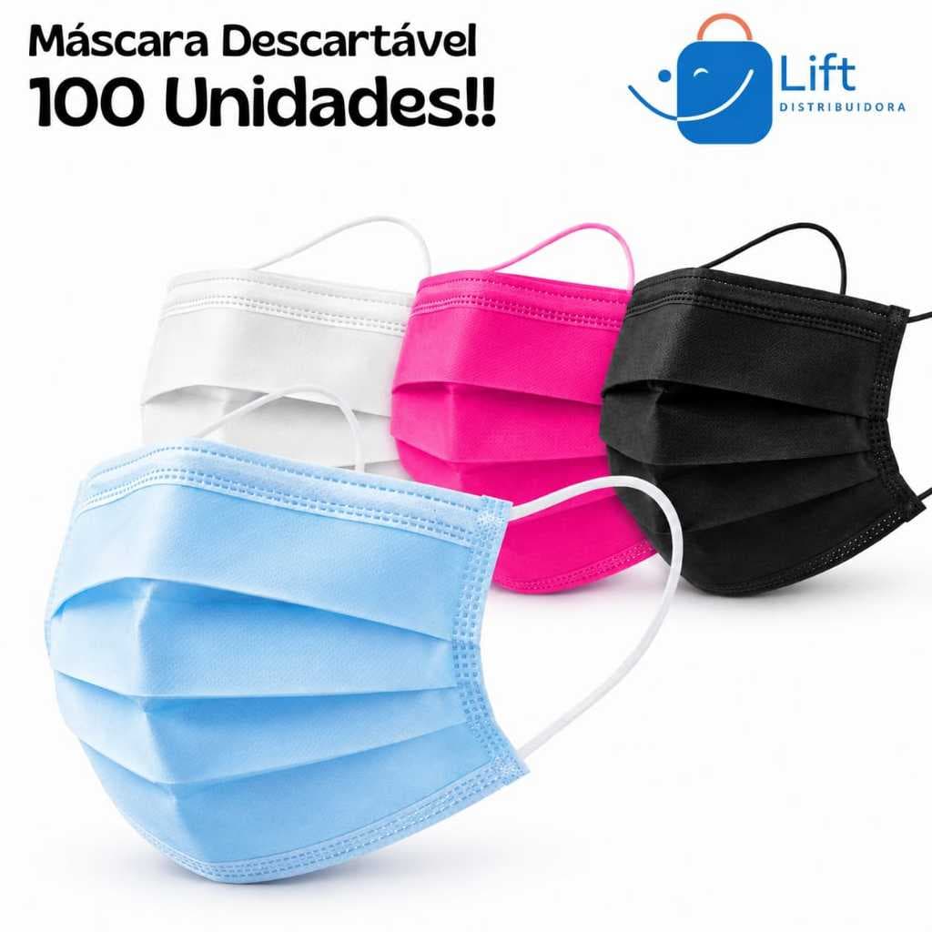 Kit 100 Und Máscara Descartável Tripla Camada Com Clipe Nasal Adulto (rosa, branca, preta e azul)