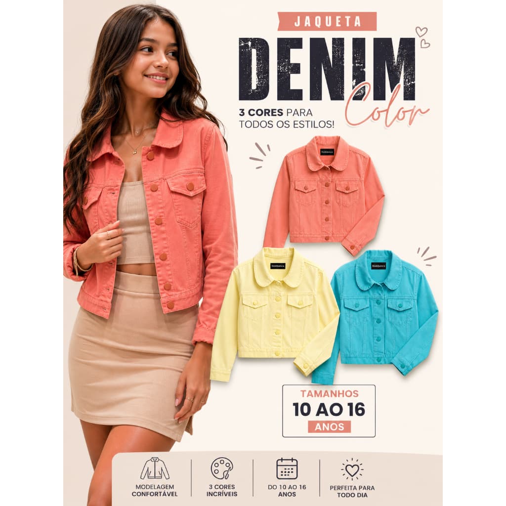Jaqueta Menina Infantil Moda Teen Juvenil Feminina Tendencia 2026 - Cores Lindas - Brim Premium - Tam 10 ao 16