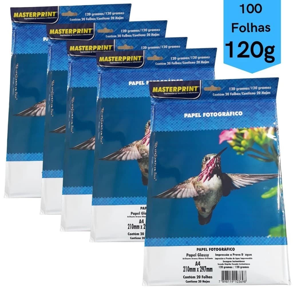 Kit 100 Folhas Papel Fotografico A4 Glossy 120g Masterprint