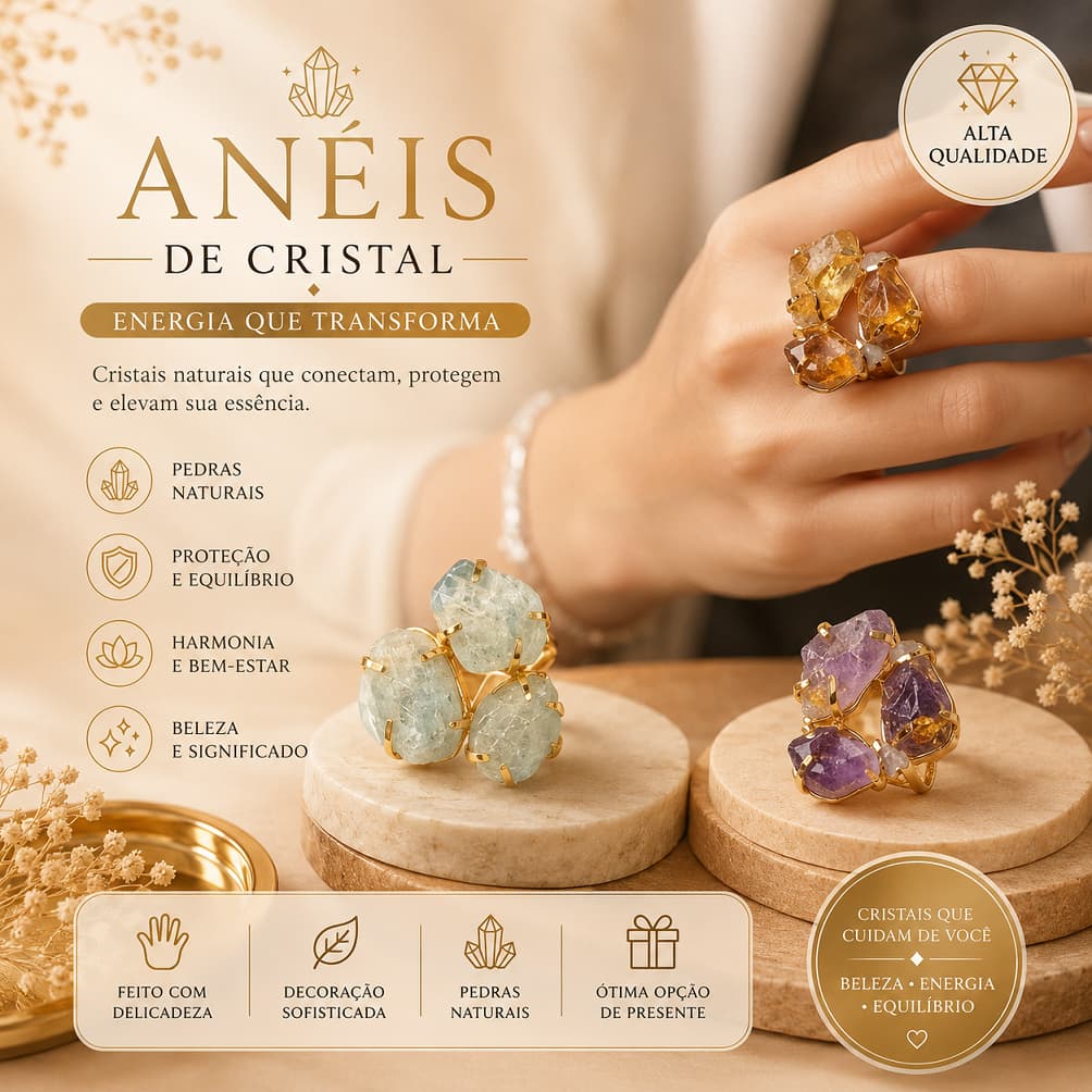 Anel Feminino 3 Pedras Naturais Cristal Ajustável Elegante Artesanal Presente Luxo tres