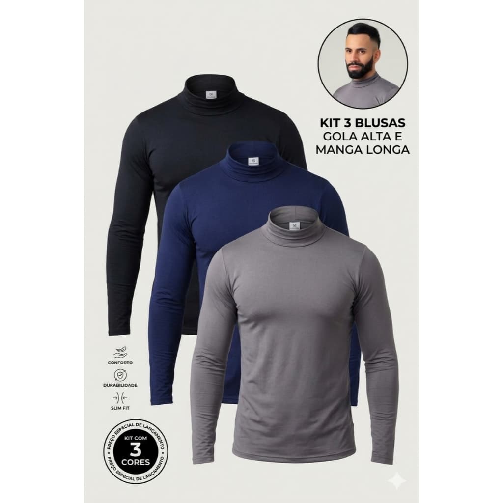 Kit 3 Blusas Masculinas Manga Longa Gola Alta - Ajuste Perfeito