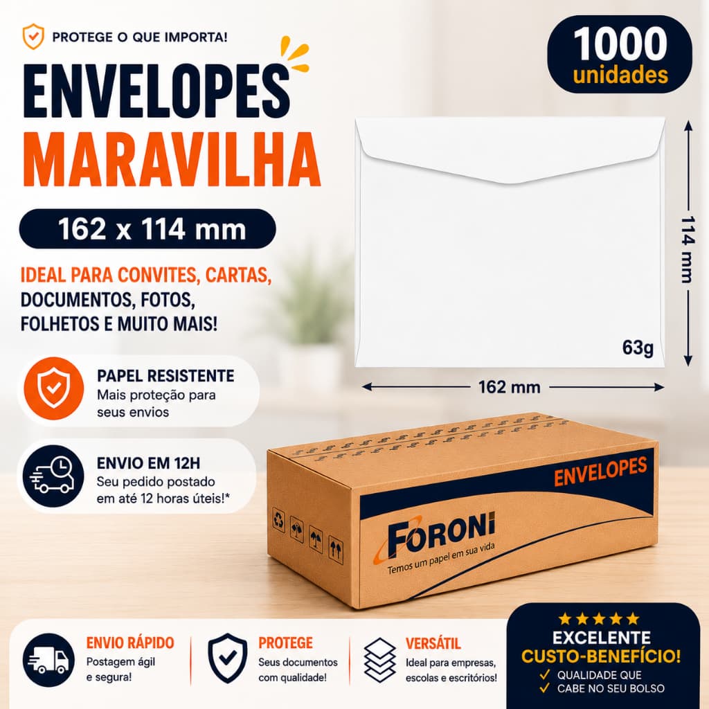 Envelope Maravilha Para Carta Branco Foroni 1000 Unidades - 11,4 x 16,2 cm, Sem CEP