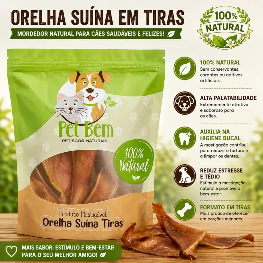 Petisco Natural Para Cachorro Orelha Suína Em Tiras Desidratada 6 Unidades
