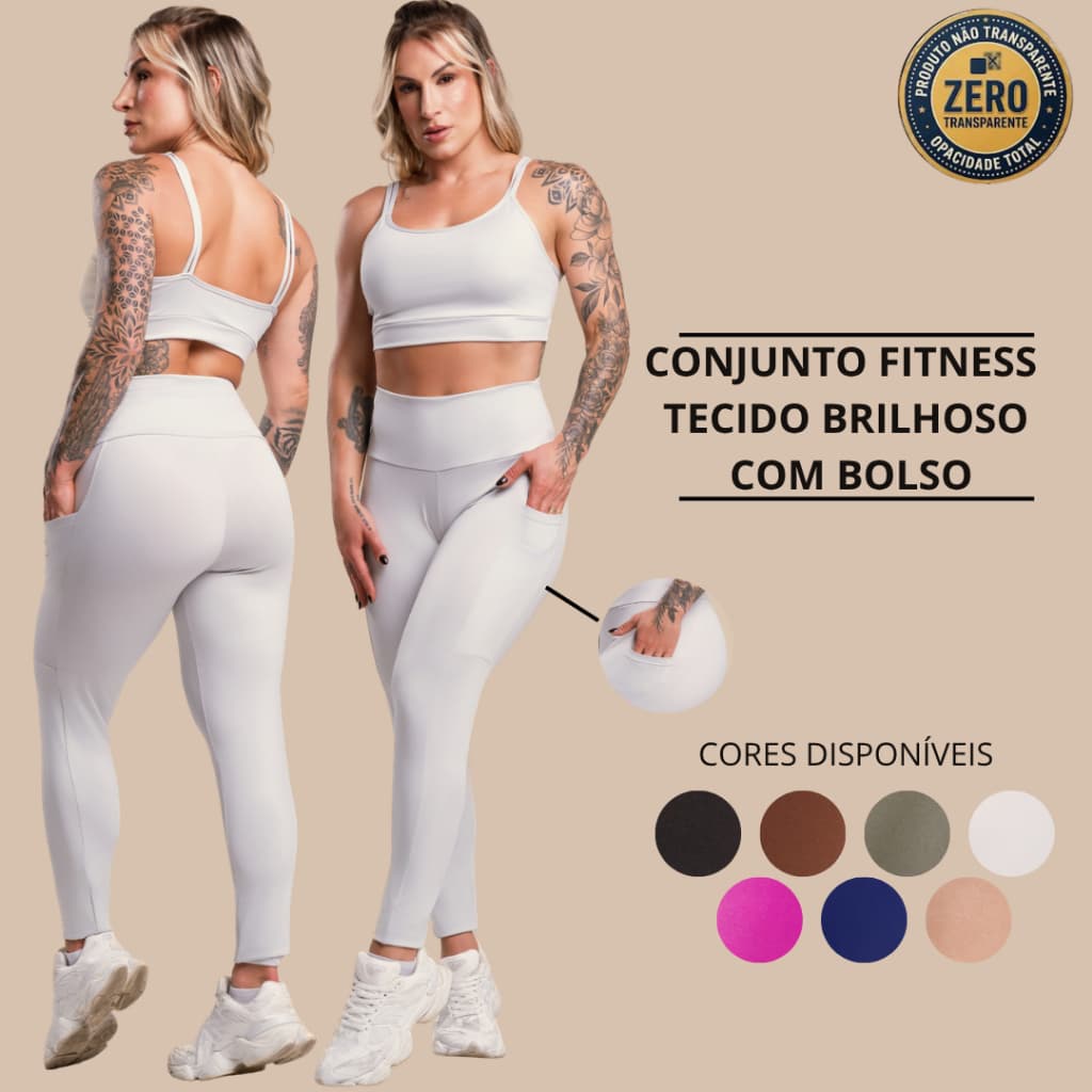Conjunto Fitness Feminino Brilhoso Academia Top Alcinha e Calça Legging Bolso Cintura Alta Brilho Look Treino RIQ Modas
