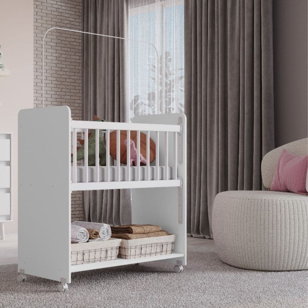 Mini Berço Movel com Rodízios + Colchão e Suporte Mosqueteiro