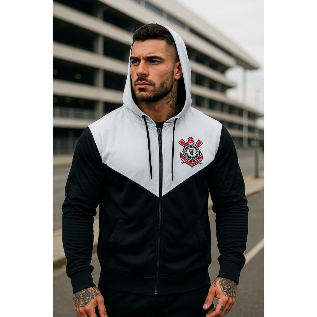 Blusa Frio Outono Inverno Unissex Estampado Time Corinthians Blusa corta vento Confortável com ziper