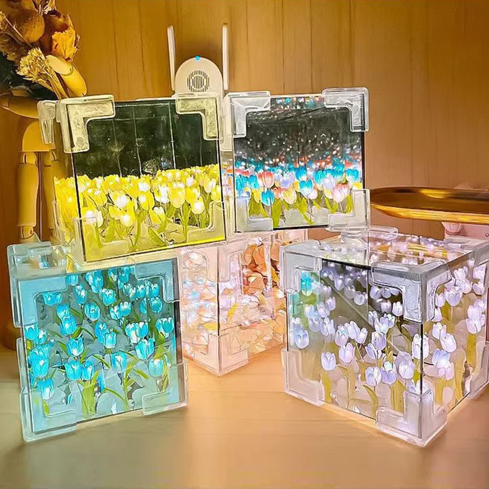 Lâmpada Noturna Criativa Diy Tulipa Flor Mar Cubo Tridimensional Pequeno Pacote De Material Para Casal Namorada Presente