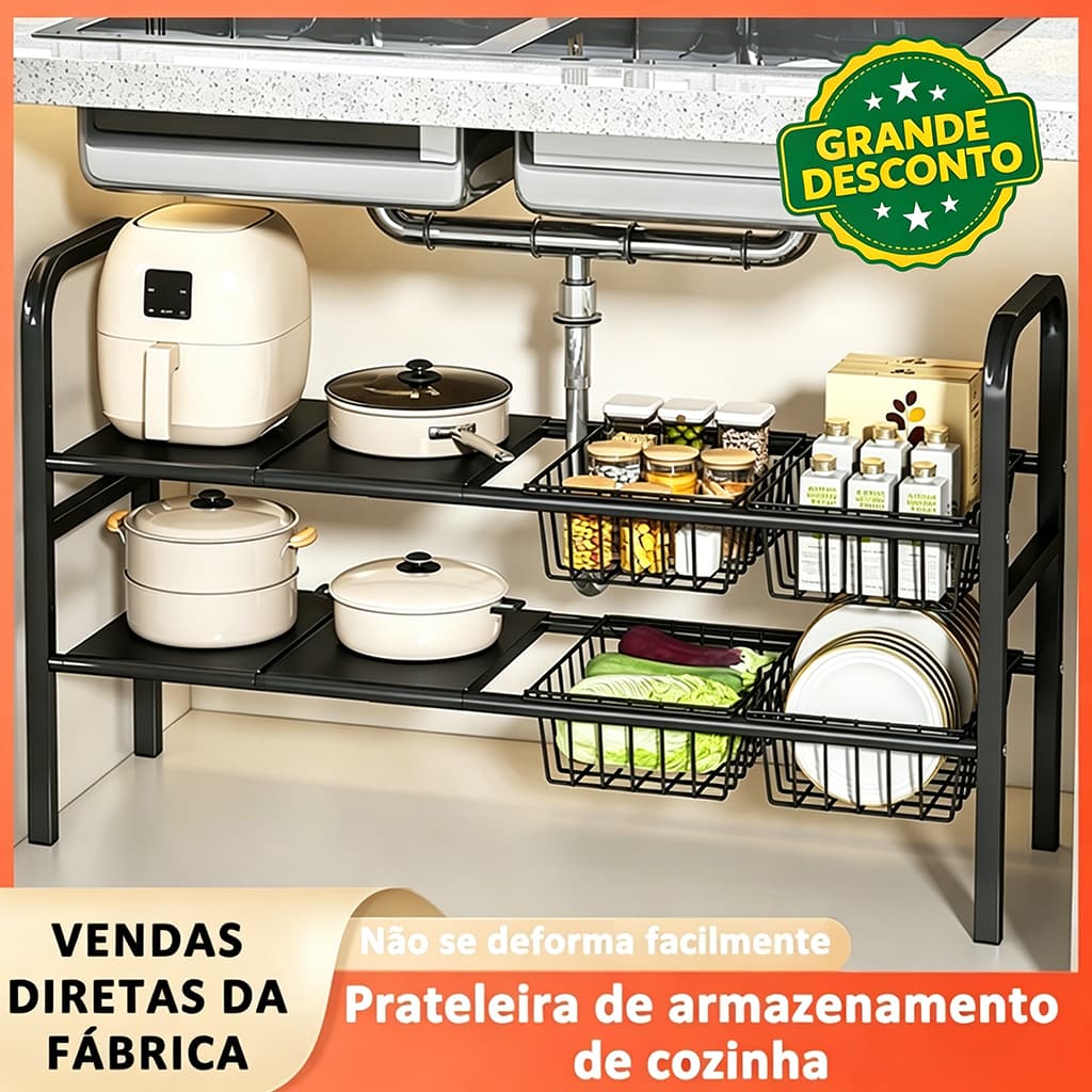 Prateleira Retrátil de Cozinha com Cestos | Aço Resistente para Debaixo da Pia