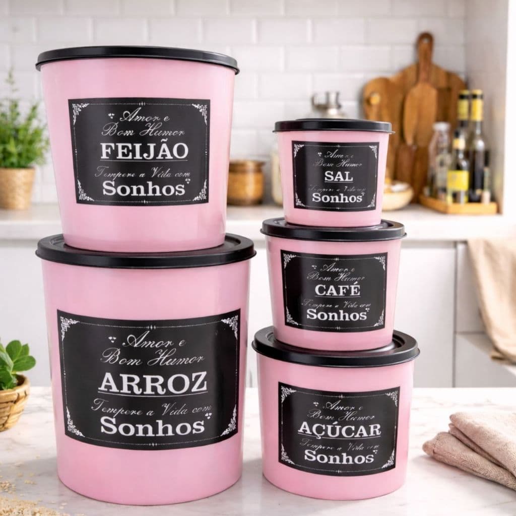 Kit Jogo Mantimentos 5 Peças Decorados Armazenamento Alimentos Casa Cozinha