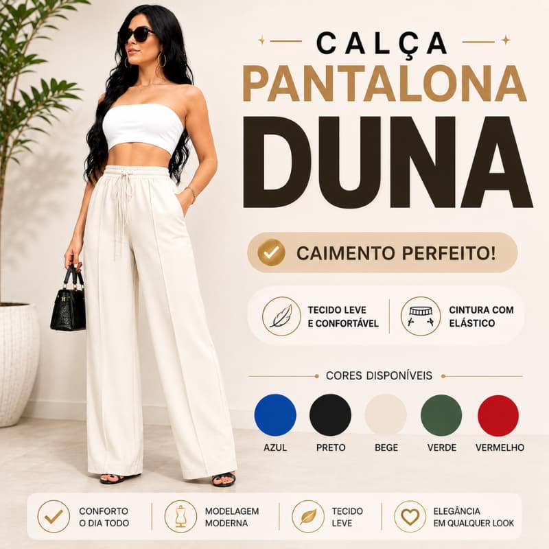 Calça Pantalona Feminina Cintura Alta Duna Com Elástico Calça Soltinha Moda Blogueira P ao GG
