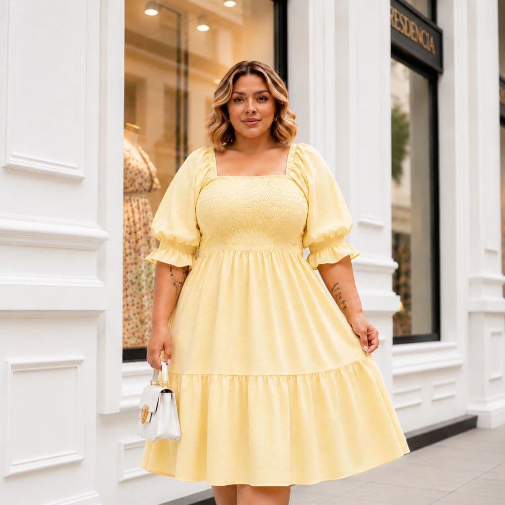 Vestido plus size roupas feminina lastex manga princesa midi dia a dia verão estilo chic look estiloso confortável