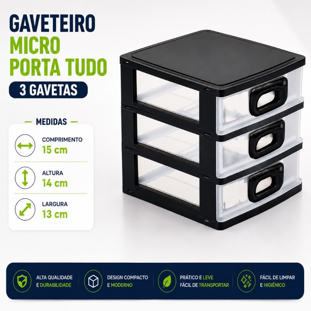 Gaveteiro Organizador De Mesa Micro Porta Tudo 3 Gavetas